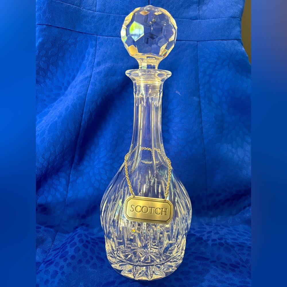 Vintage Cut Crystal Scotch Decanter with Faceted Stopper & Metal Label Tag